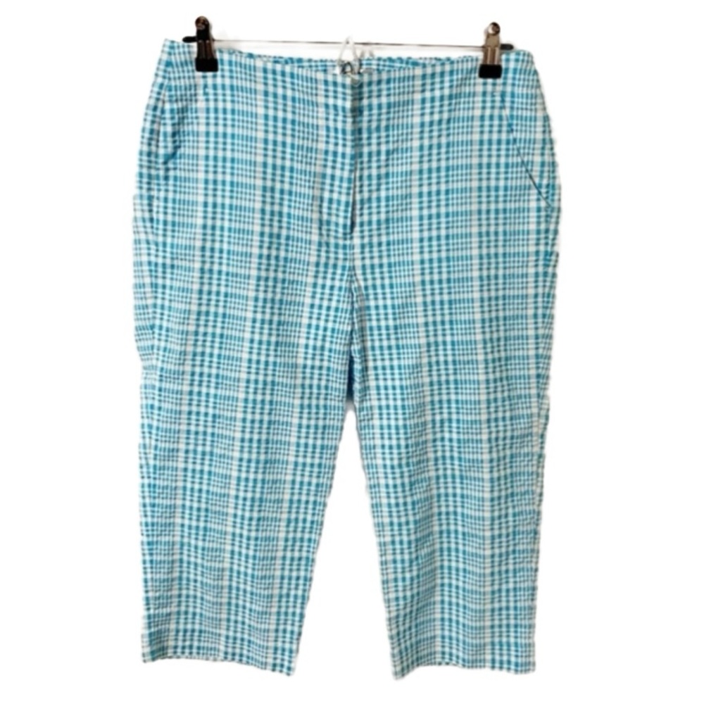 Talbots Petites Stretch Cotton Blend Seersucker Plaid Cropped Capris Pants 🩵🤍